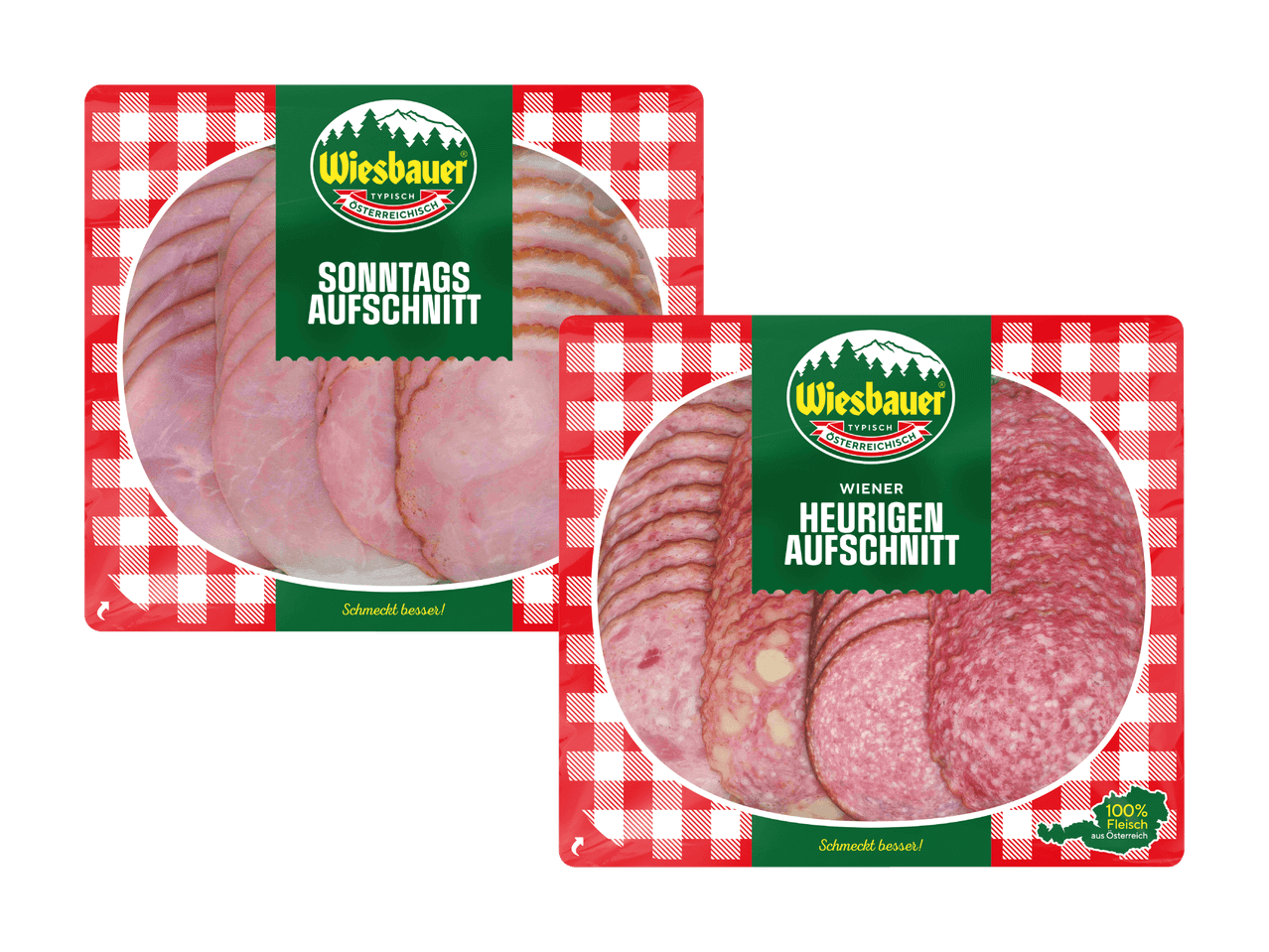 Wiesbauer Aufschnittpackungen: Sonntags Aufschnitt und Wiener Heurigen Aufschnitt.