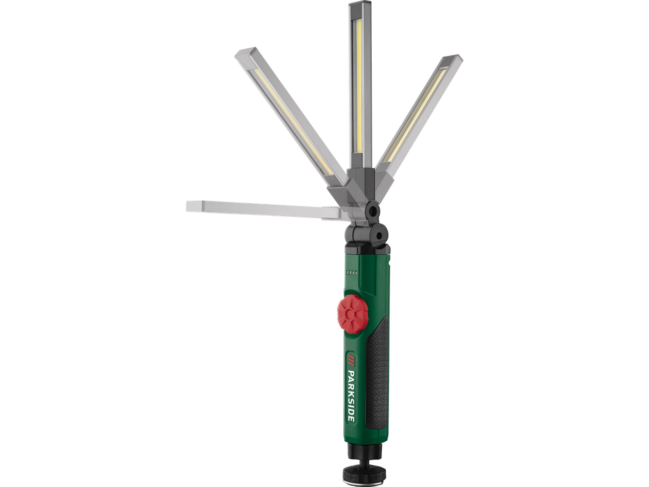 PARKSIDE LED lampa ar četrām kustīgām svirām un zaļu rokturi.