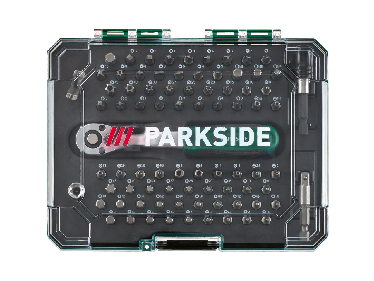 Parkside atsuktuvų ir antgalių rinkinys permatomoje dėžutėje.