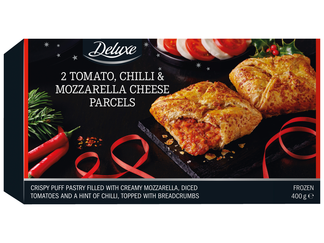 Deluxe 2 tomati, tšilli ja mozzarella pirukat krõbeda lehttaignaga.