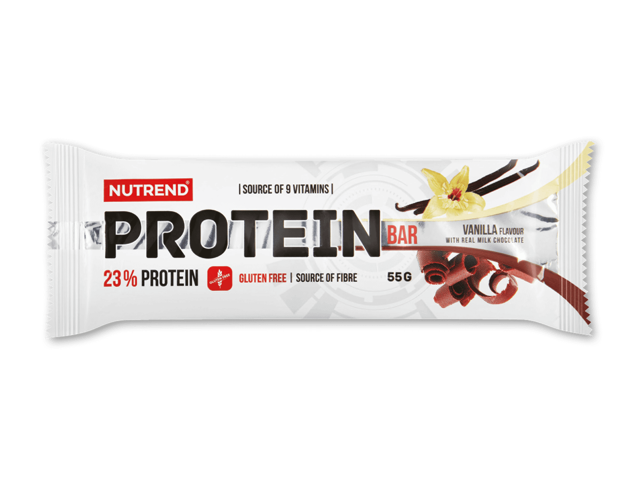 Hvid proteinbar med vaniljesmag og mælkechokolade, 23% protein, glutenfri, 55g.