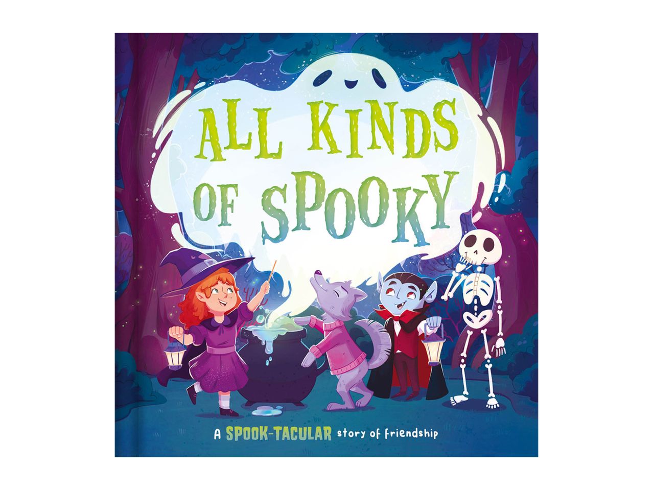 A Halloween-themed children's book cover with a witch, werewolf, vampire, and skeleton.