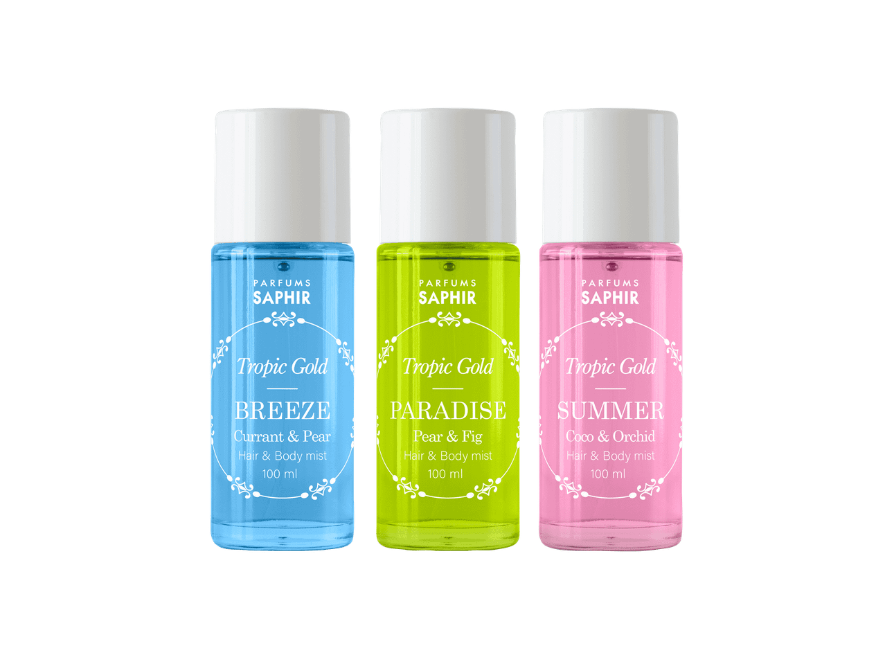 Três frascos de spray para cabelo e corpo em azul, verde e rosa com os aromas Breeze, Paradise e Summer.