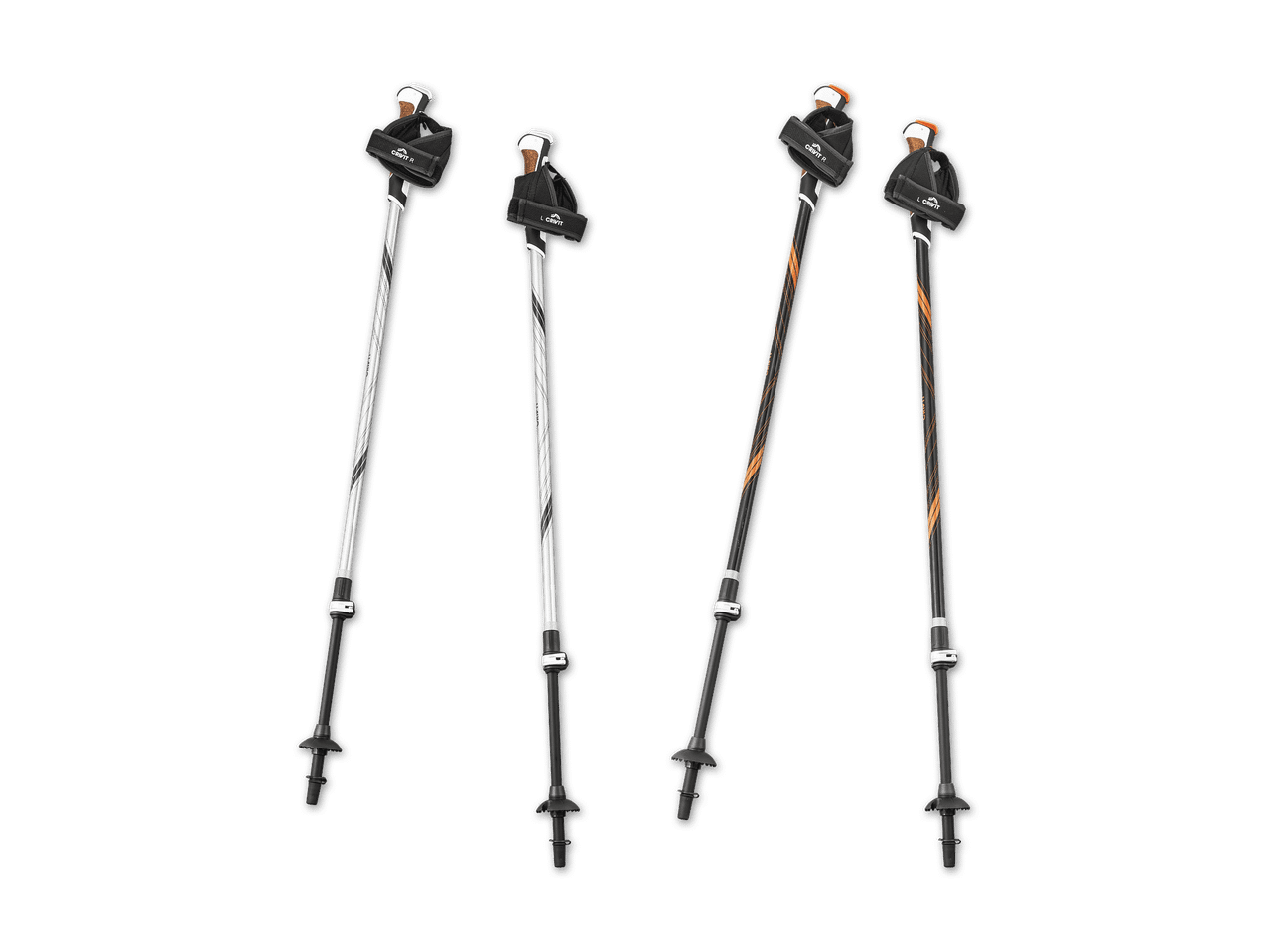 Zwei Paar CRIVIT Nordic Walking Stöcke, einer in Schwarz-Orange, der andere in Schwarz-Silber.