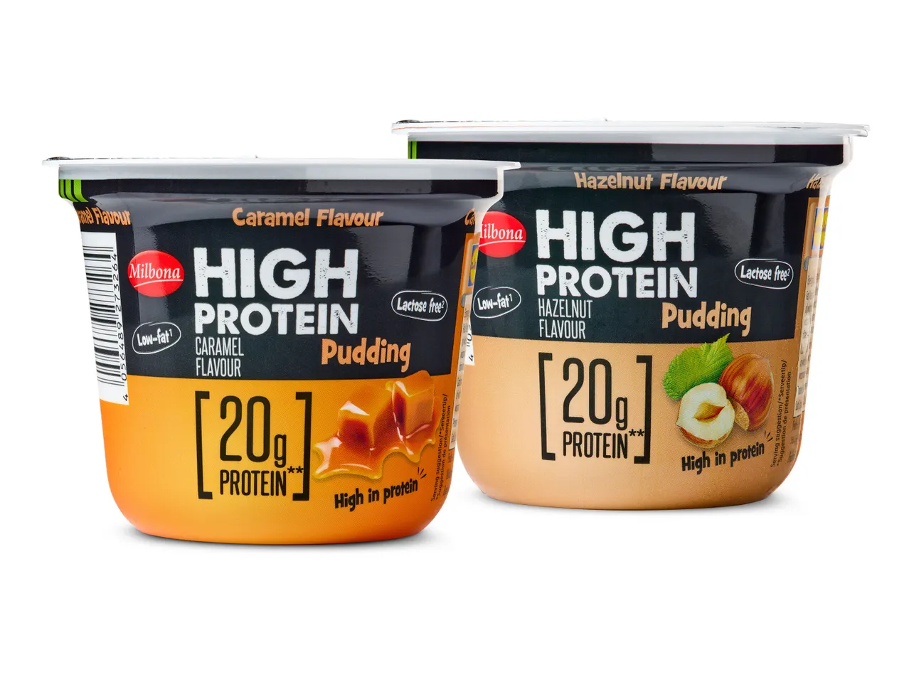 Milbona high-protein pudding: karamel en hazelnoot, 20g eiwit.