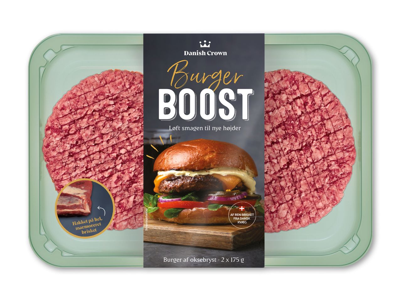 Danish Crown Burger BOOST-pakke med to oksebrystburgere og en burger på forsiden.