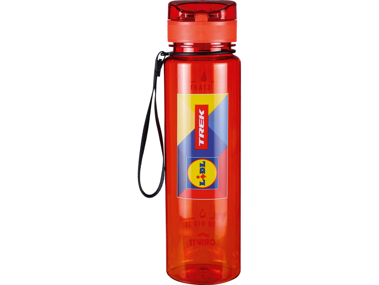 Uma garrafa de água vermelha da Lidl com o logotipo da Trek.