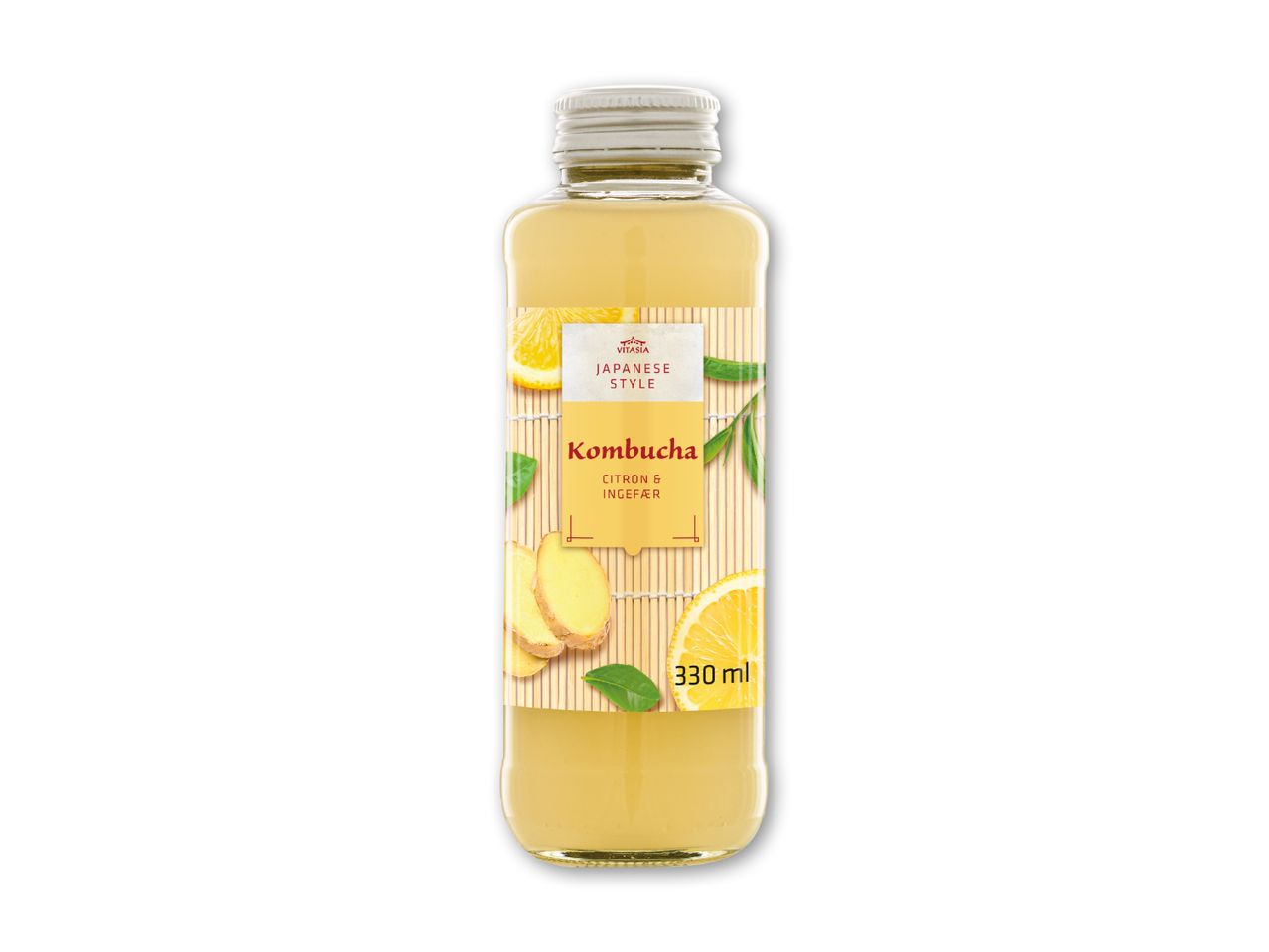 Kombucha med citron og ingefær i japansk stil, 330 ml flaske.