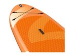 Orange paddleboard with a diamond pattern, black bungee cords, and a black handle.