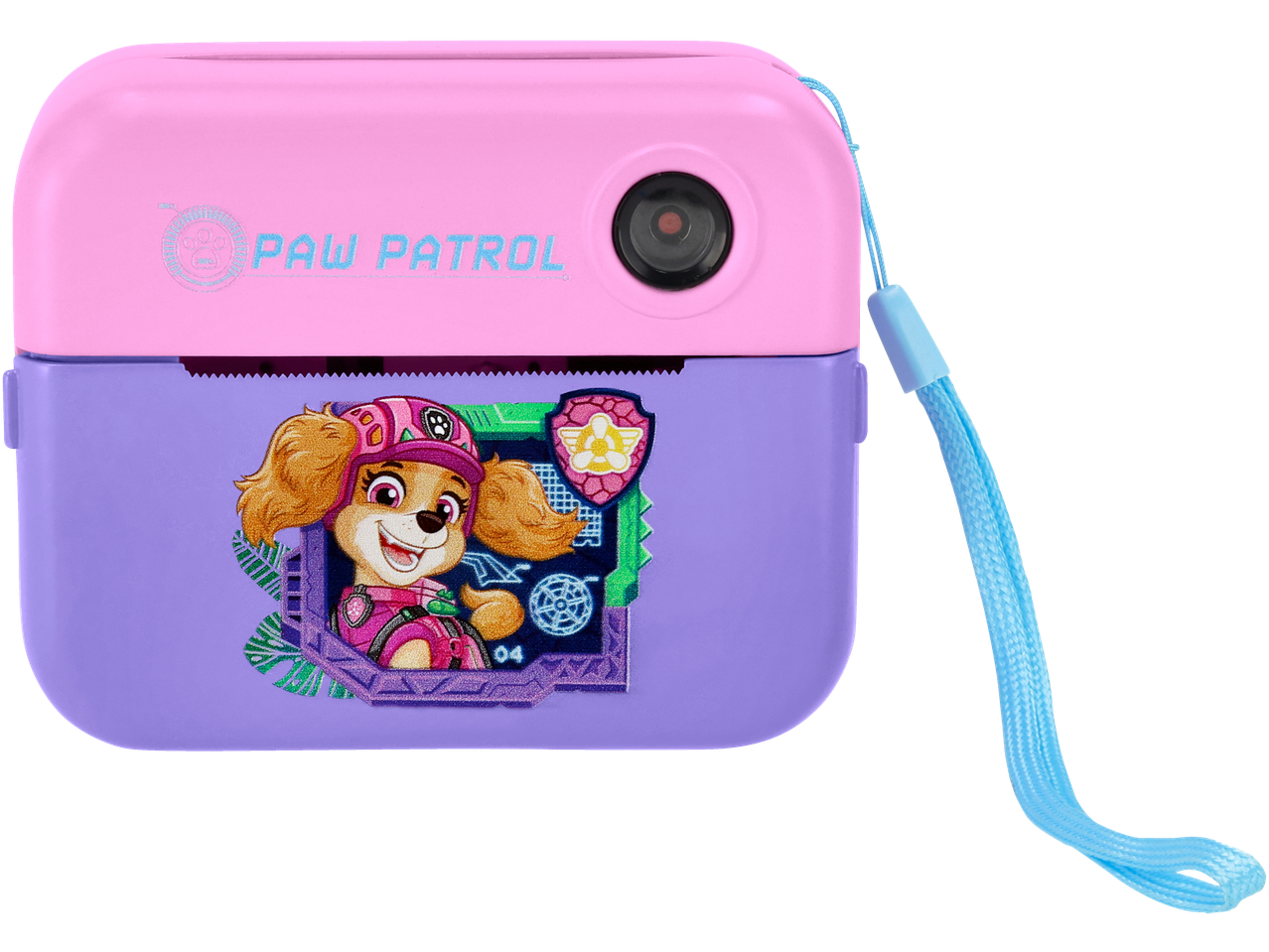 Câmara Paw Patrol com personagem Skye, em design rosa e roxo.