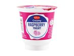 Creamy raspberry yogurt cup with nutritional information.