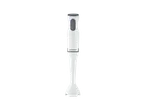 Mixeur plongeant blanc avec boutons gris et logo sur le manche.