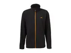 Men's black fleece jacket with an orange zipper and logo