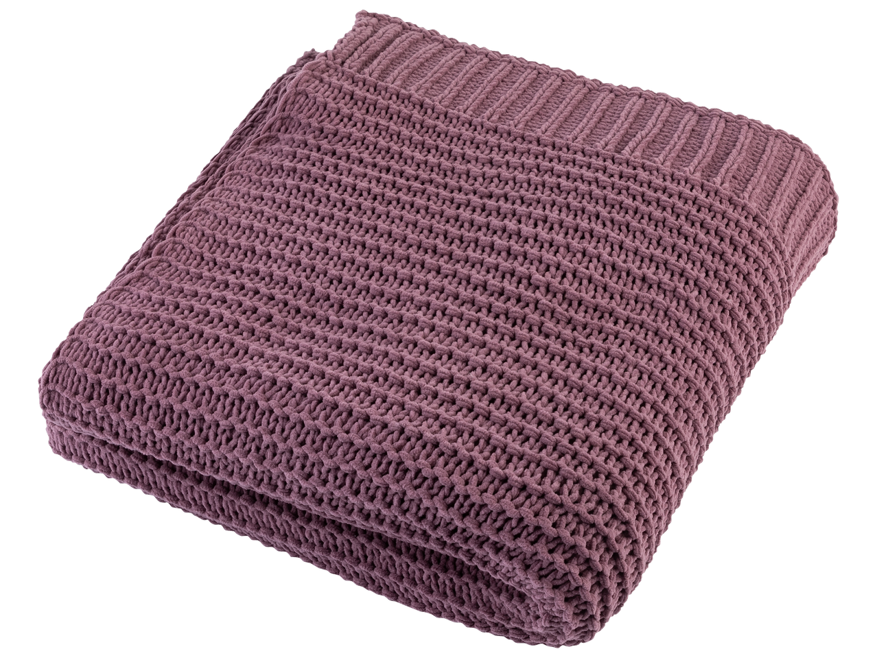 Couverture tricotée douce et épaisse de couleur prune, pliée.