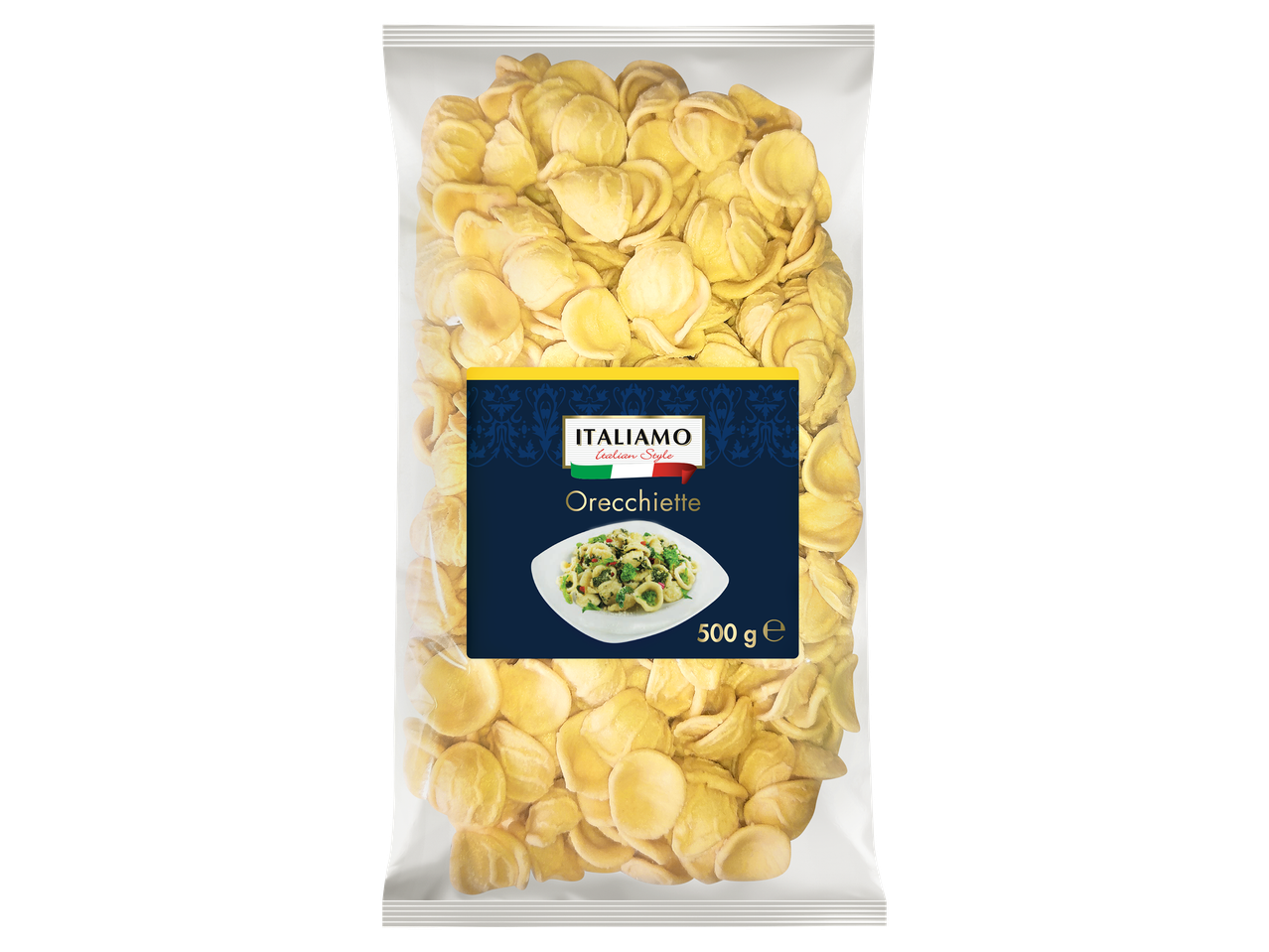 500 g-os kiszerelésű orecchiette tészta átlátszó csomagolásban.