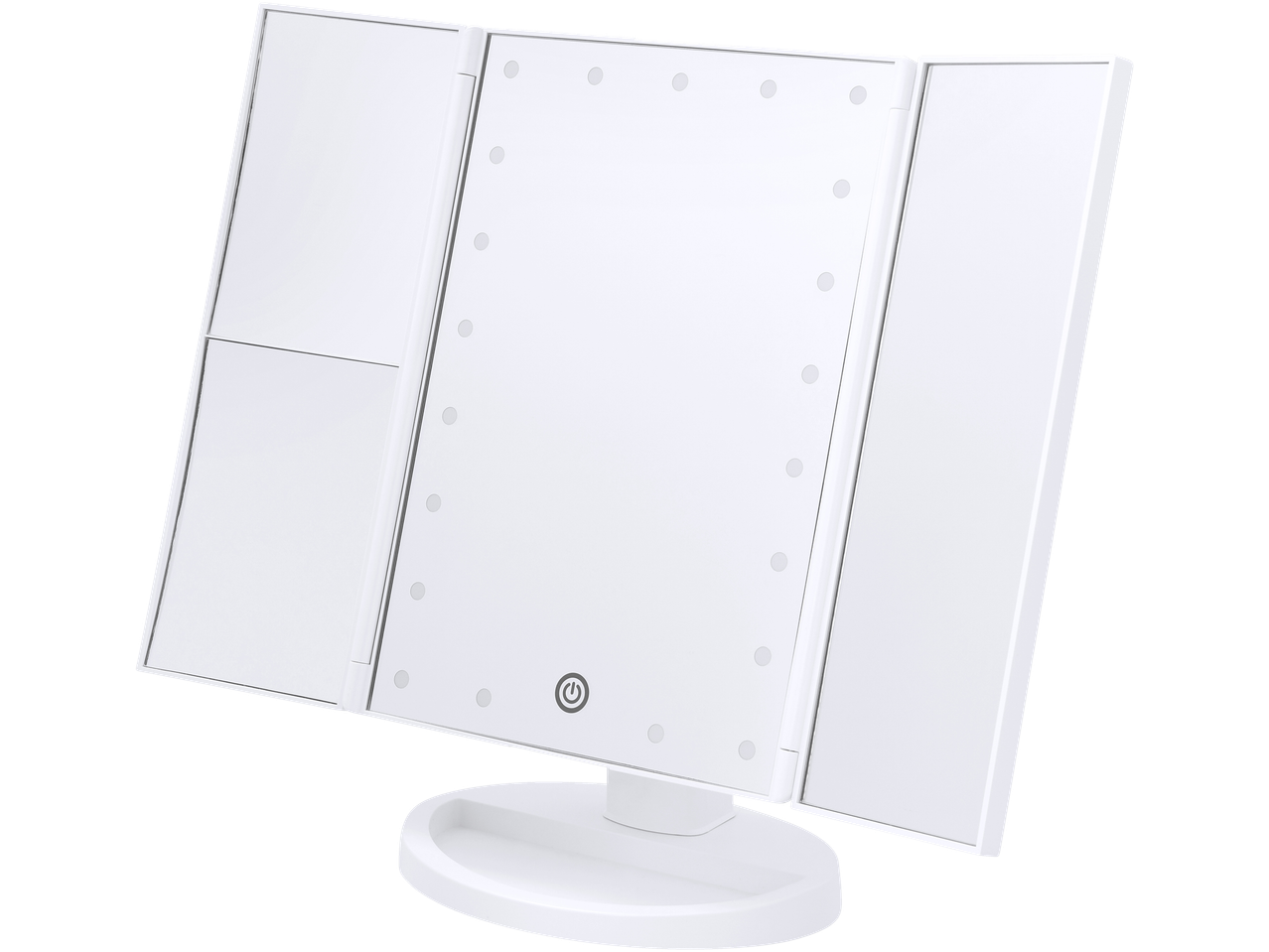 Cien BEAUTY LED makiažo veidrodis su trimis plokštėmis ir baltu pagrindu.