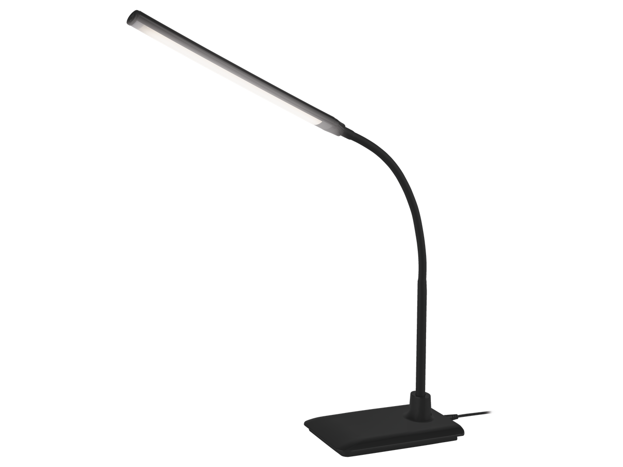 O lampă de birou LED neagră elegantă, cu braț flexibil.