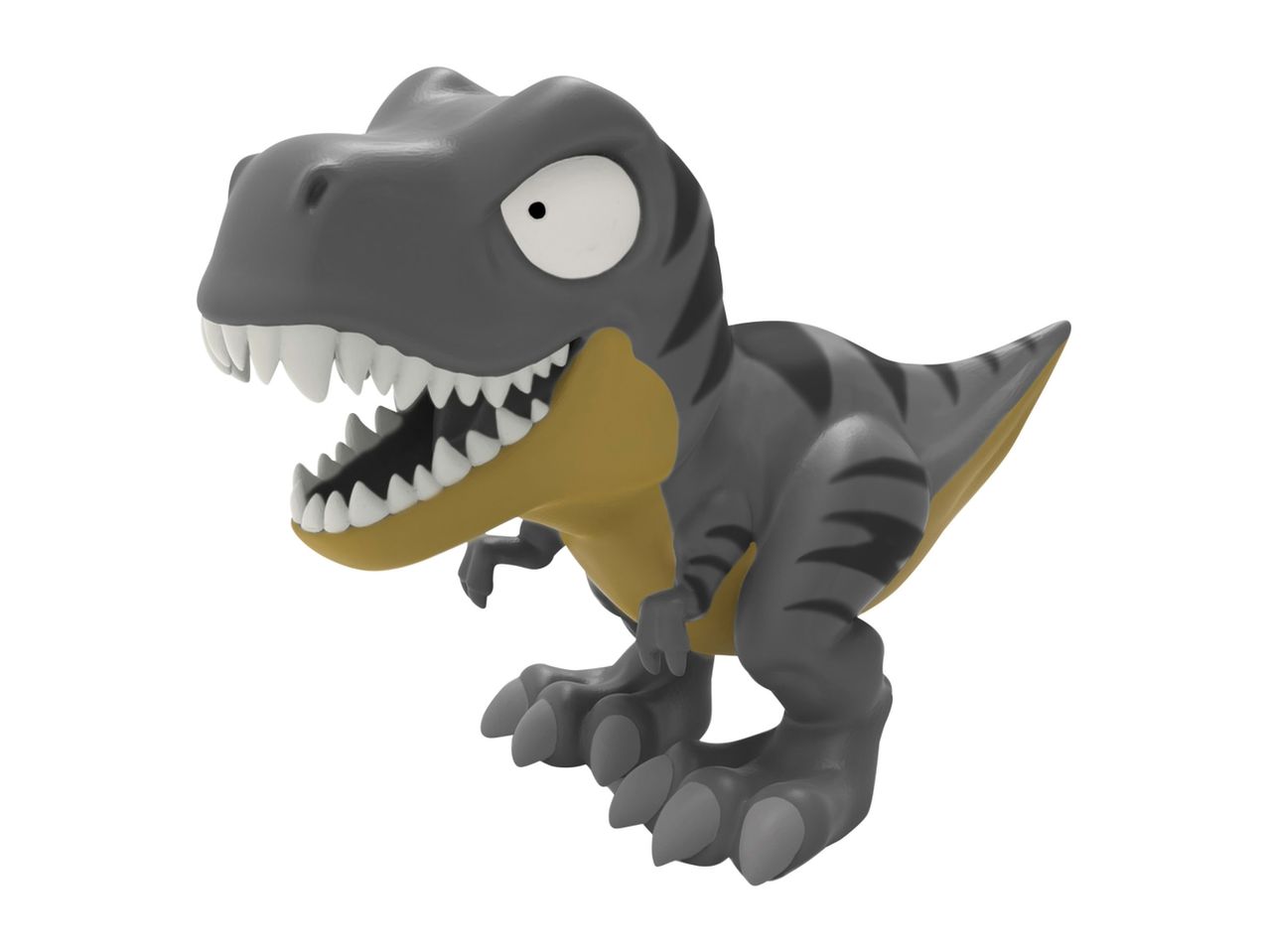 A cute, cartoonish gray Tyrannosaurus Rex toy.