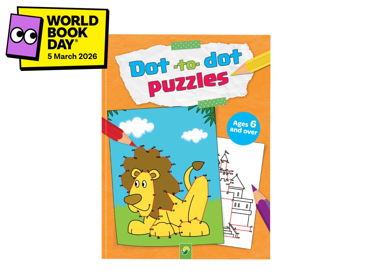 Dot-to-dot puzzle book for ages 6 and over, featuring a lion and castle.