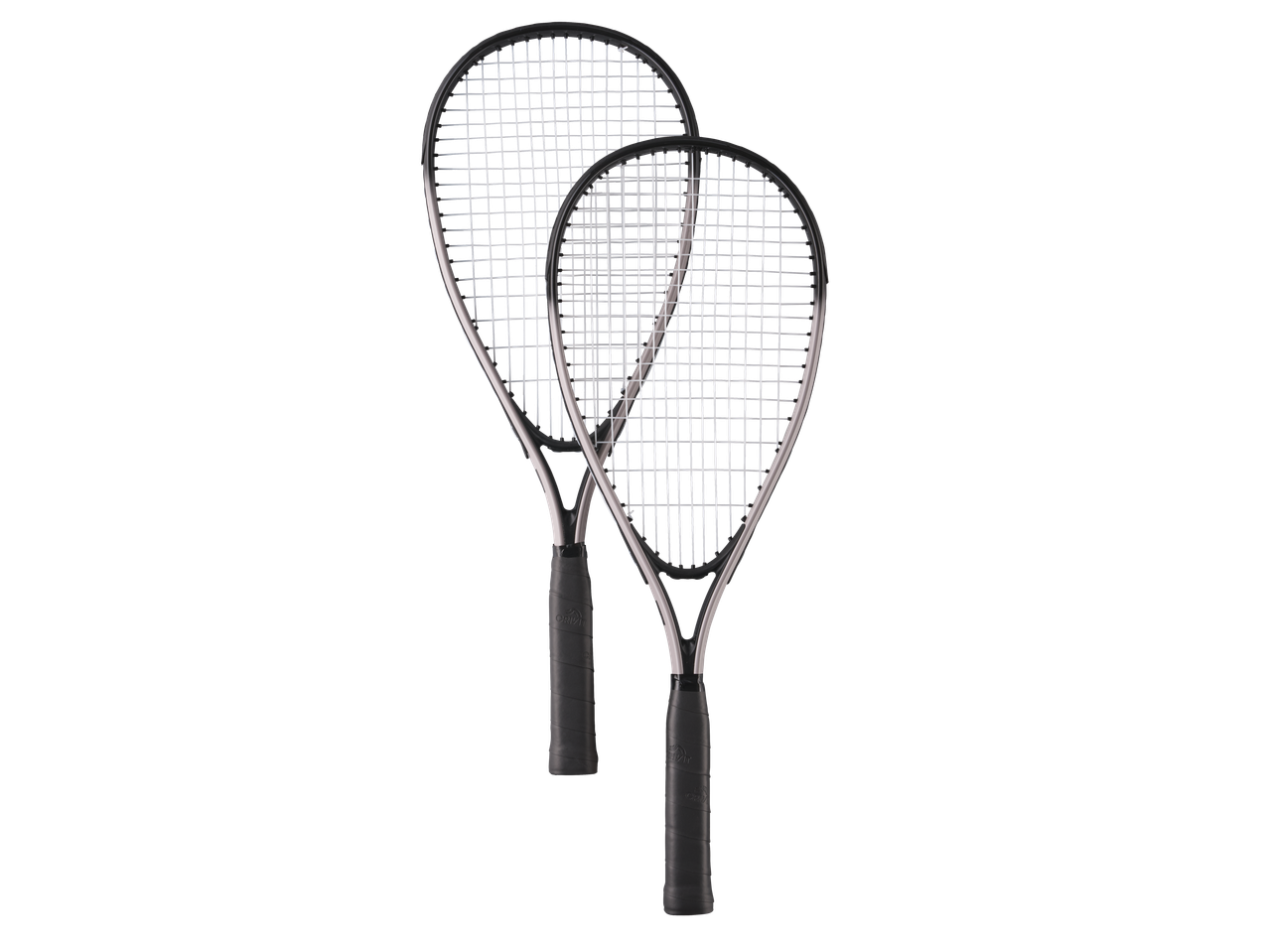 Две ракети CRIVIT Rapid Ball с черни дръжки на черен фон.