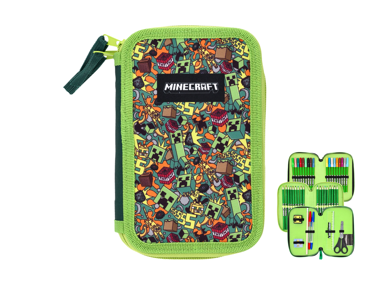 Grünes Minecraft-Federmäppchen mit Spielkreaturen und -objekten, gefüllt mit Stiften und Bleistiften.