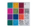 Crafting kit with colorful beads, silver charms, and alphabet beads in a clear organizer.