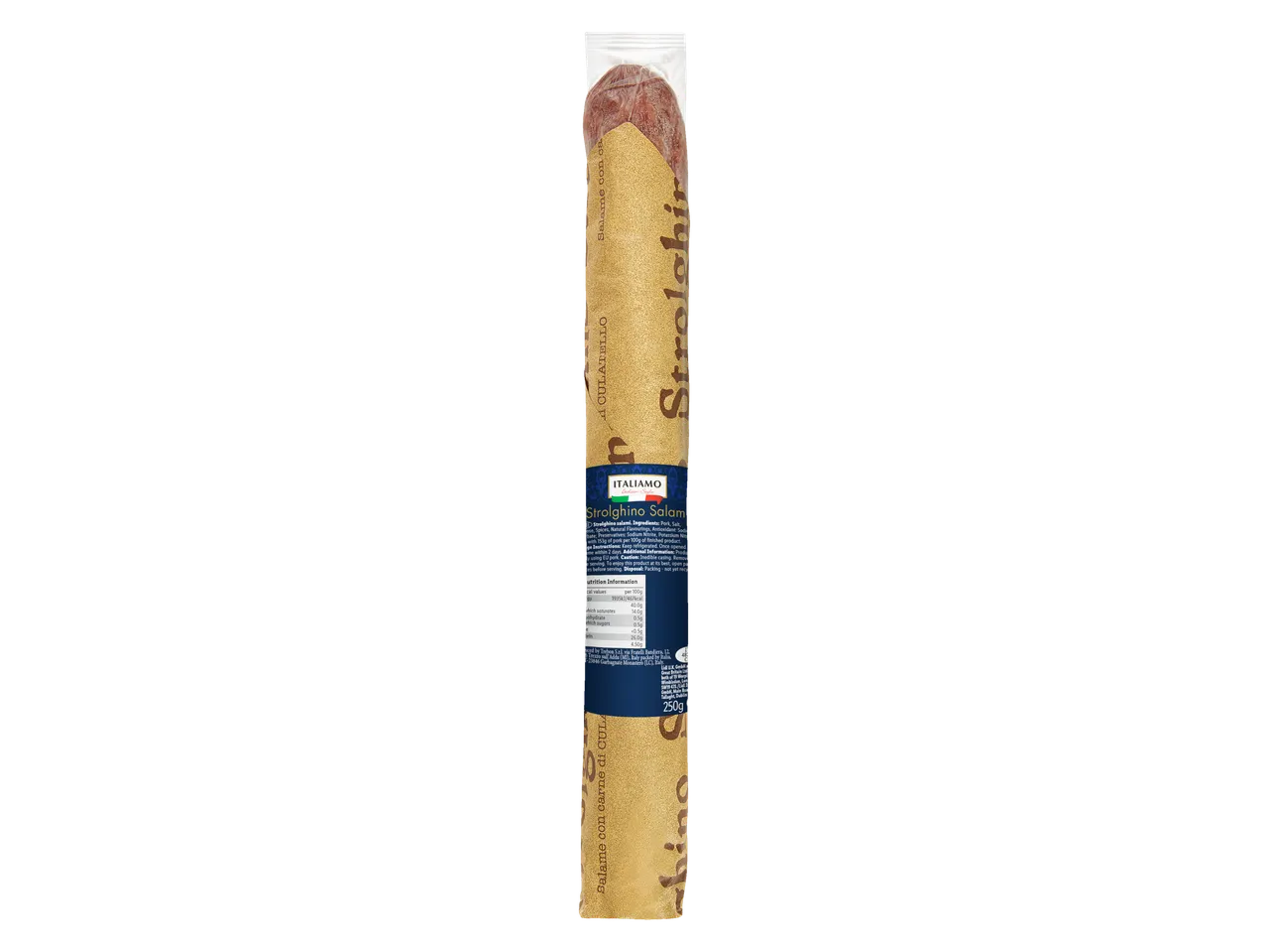 Italiamo Strolghino Pork Salami, 250g, with nutrition information and ingredients.
