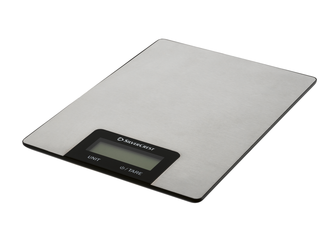 Stainless steel kitchen scale with a digital display showing 'UNIT' and 'U/TARE' buttons.