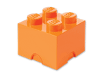 Ein einzelner, leuchtend orangefarbener Legostein mit vier Noppen.