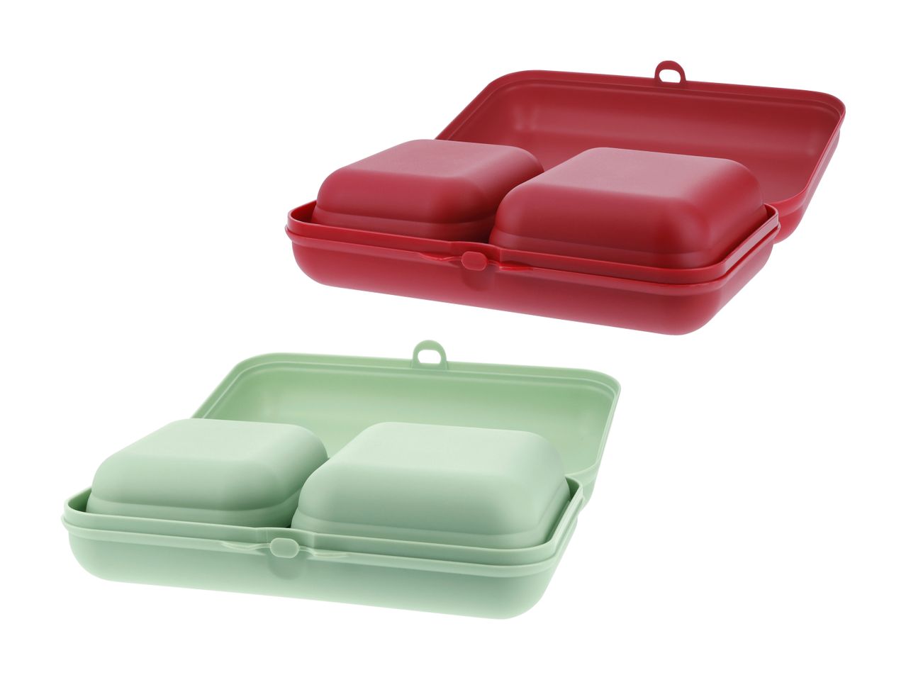 Zwei stapelbare Lunchboxen, eine rote und eine hellgrüne.