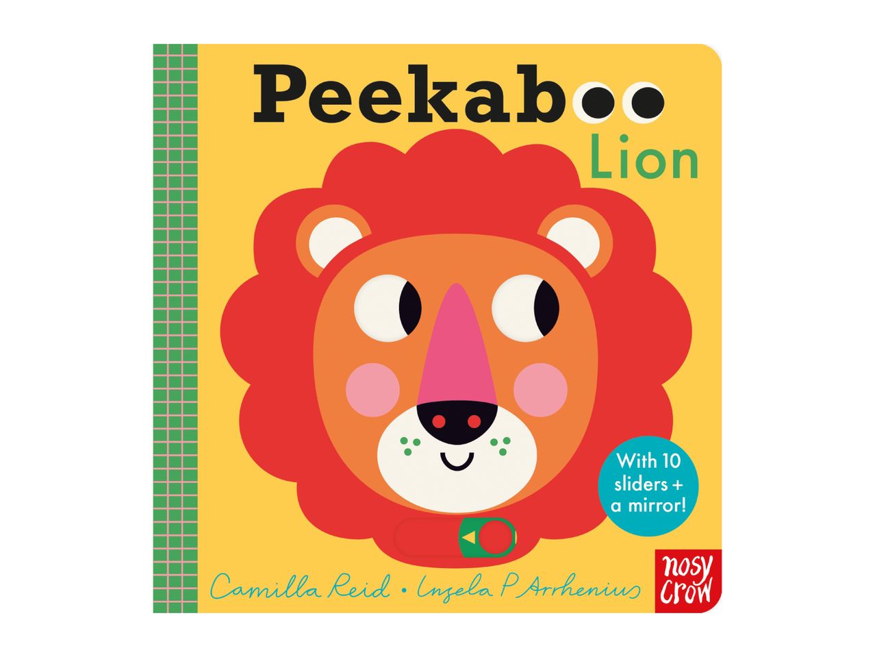 Children's board book titled 'Peekaboo Lion' with a colorful lion illustration.