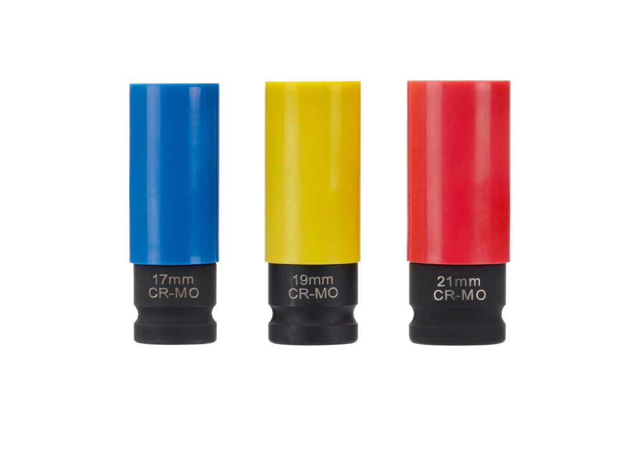 Three colored lug nut sockets (17mm blue, 19mm yellow, 21mm red) made of CR-MO.