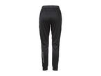 Black athletic trousers with a grey elastic waistband and a grey logo on the left leg.
