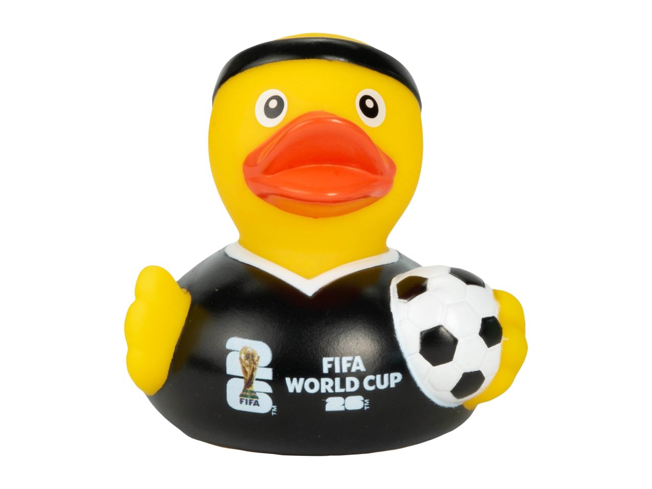 Rubber duck in a black football jersey holding a soccer ball, with a FIFA World Cup logo.