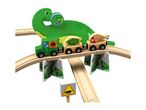Wooden dinosaur-themed train set with a green truck, cargo, and a dinosaur figure.
