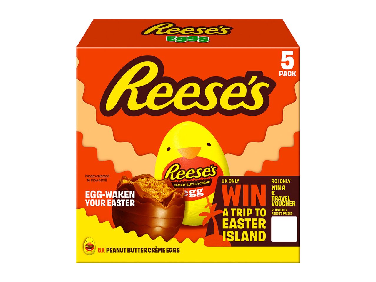 Easter egg box with peanut butter creme eggs, featuring a contest to win a trip to Easter Island.