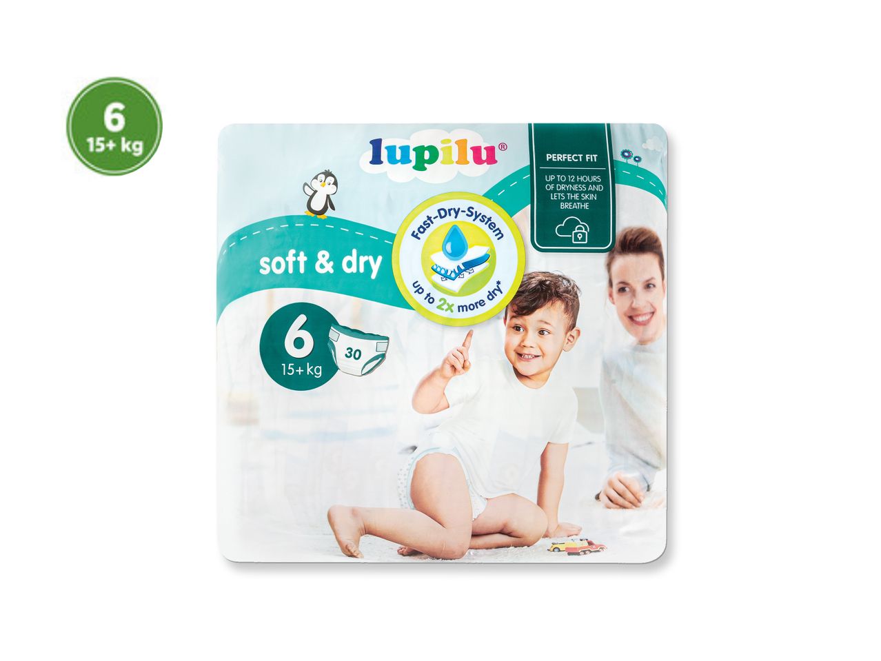 Lupilu vystyklai, dydis 6 (15+ kg): minkšti, sausi, greito džiūvimo sistema.