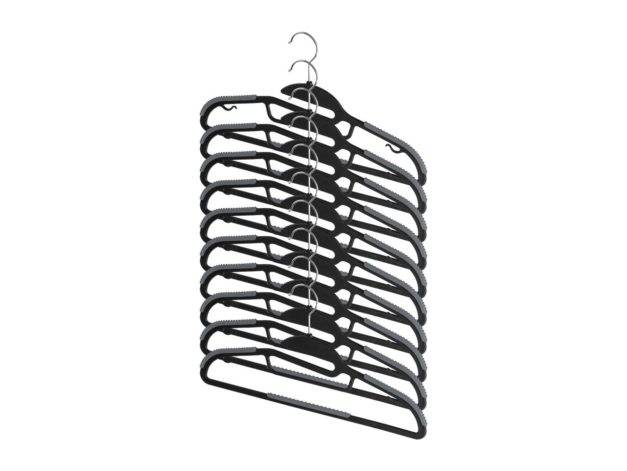 A stack of black and grey non-slip clothes hangers with metal hooks.