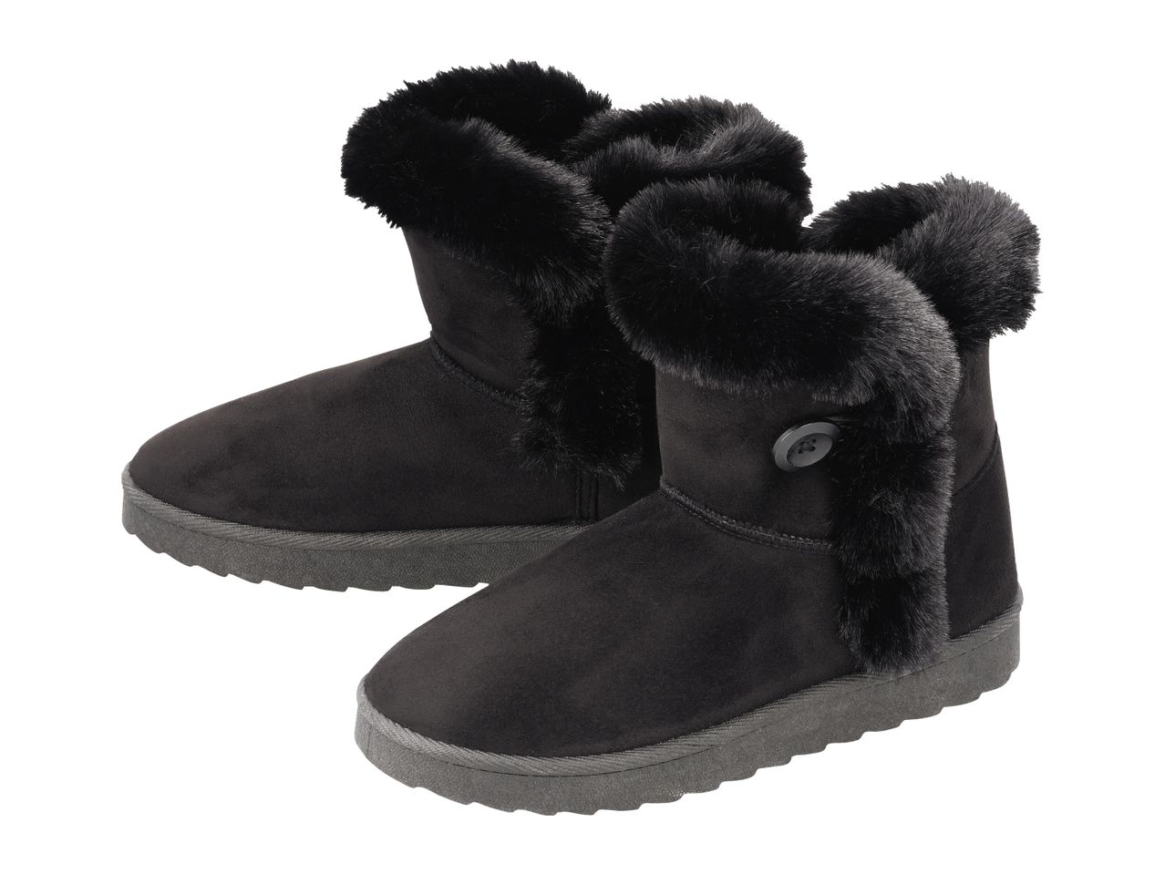Pair of black faux fur-lined boots with a button detail on a white background.