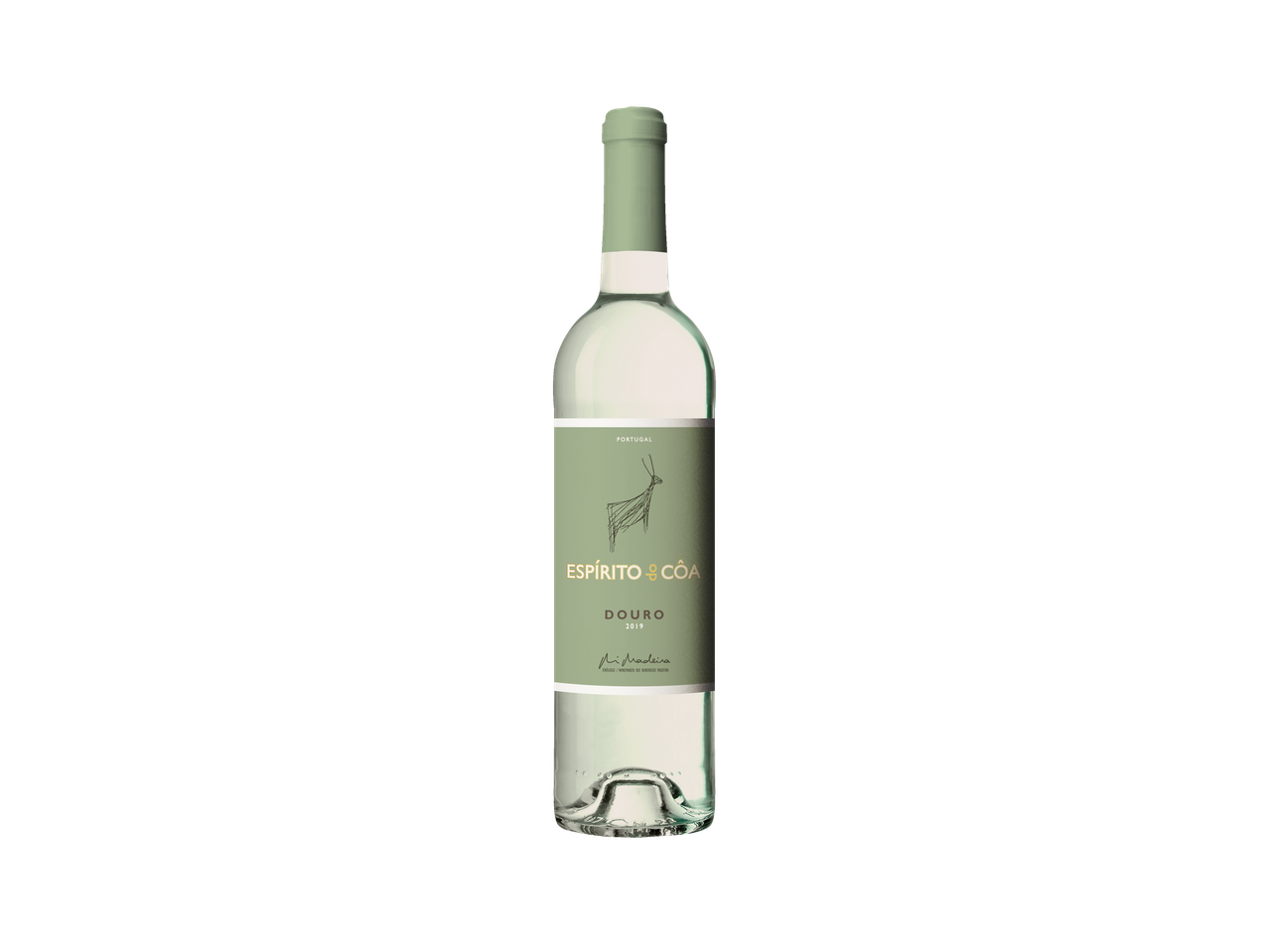 Garrafa de vinho branco com rótulo verde e ilustração de um animal estilizado.
