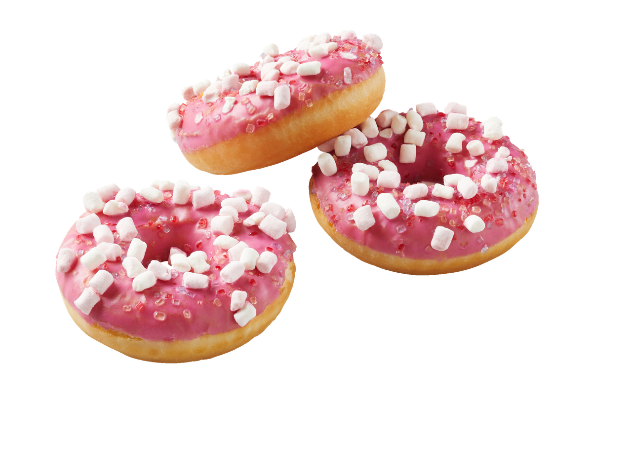 Três donuts rosas cobertos com marshmallows e confeitos.