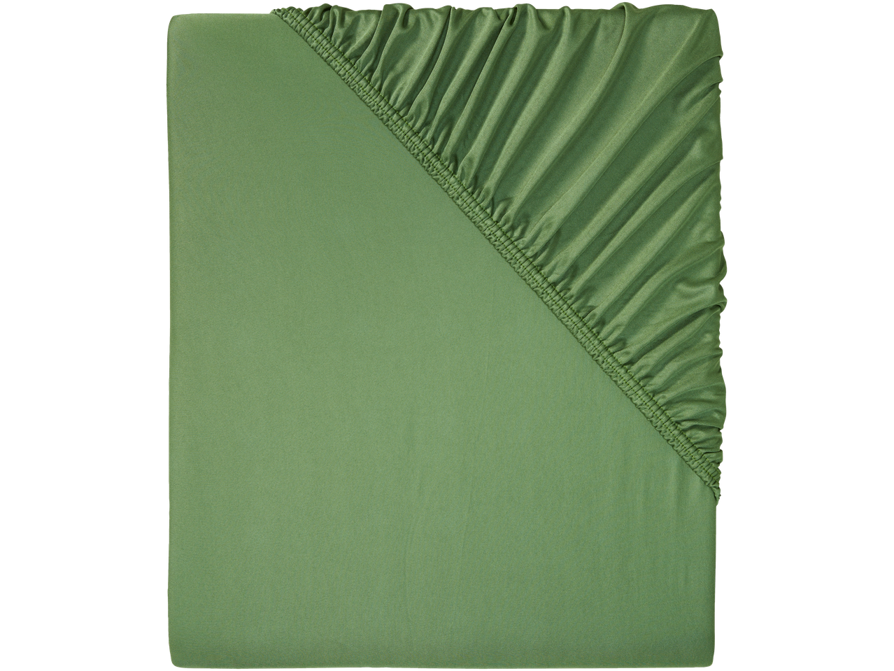 A sage green fitted sheet with elastic edges.