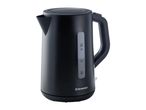 Black electric kettle with a water level indicator showing measurements from 0.5L to 1.7L.
