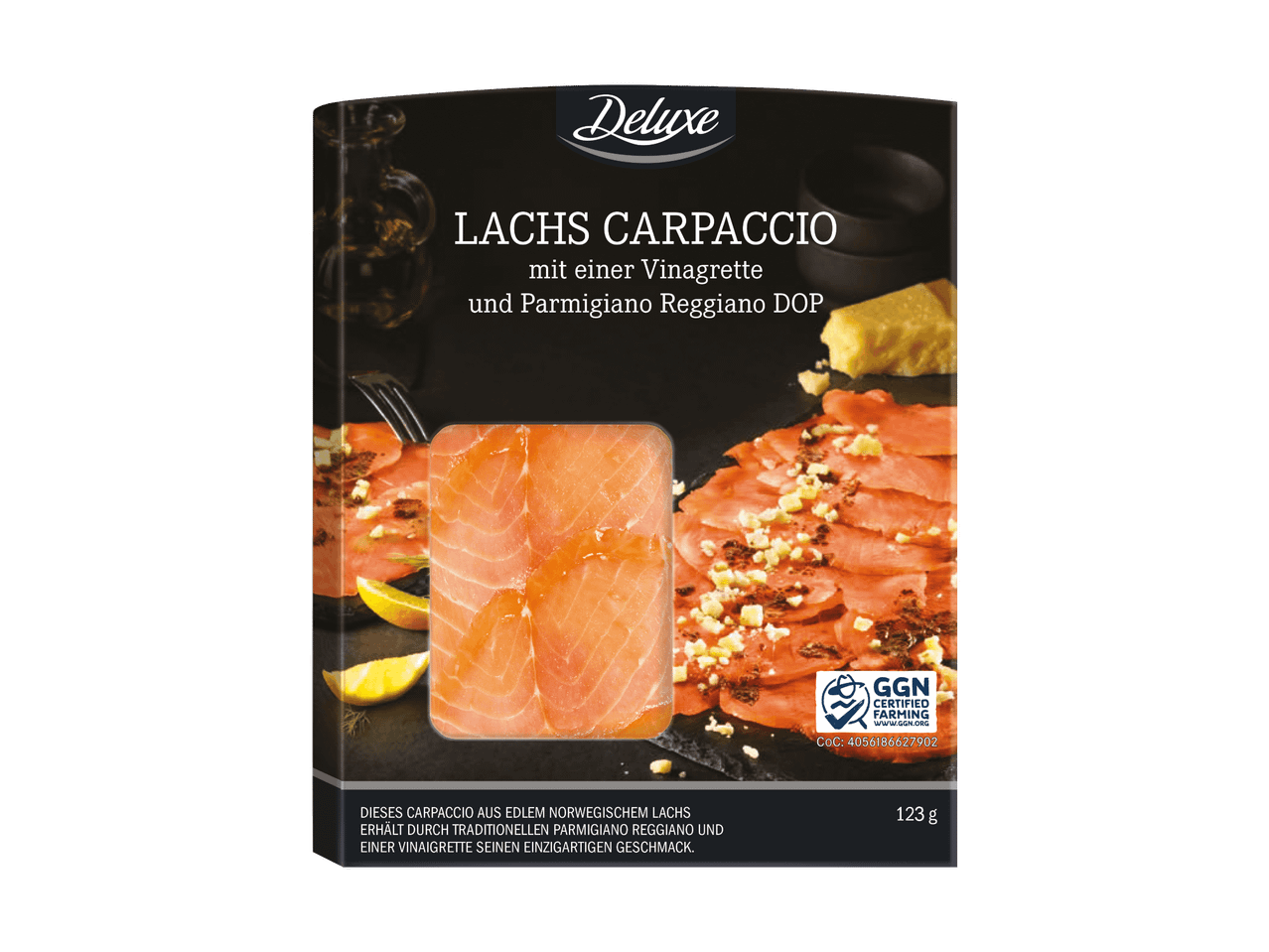 Deluxe Lachs Carpaccio mit Vinaigrette und Parmigiano Reggiano DOP, 123g Packung.