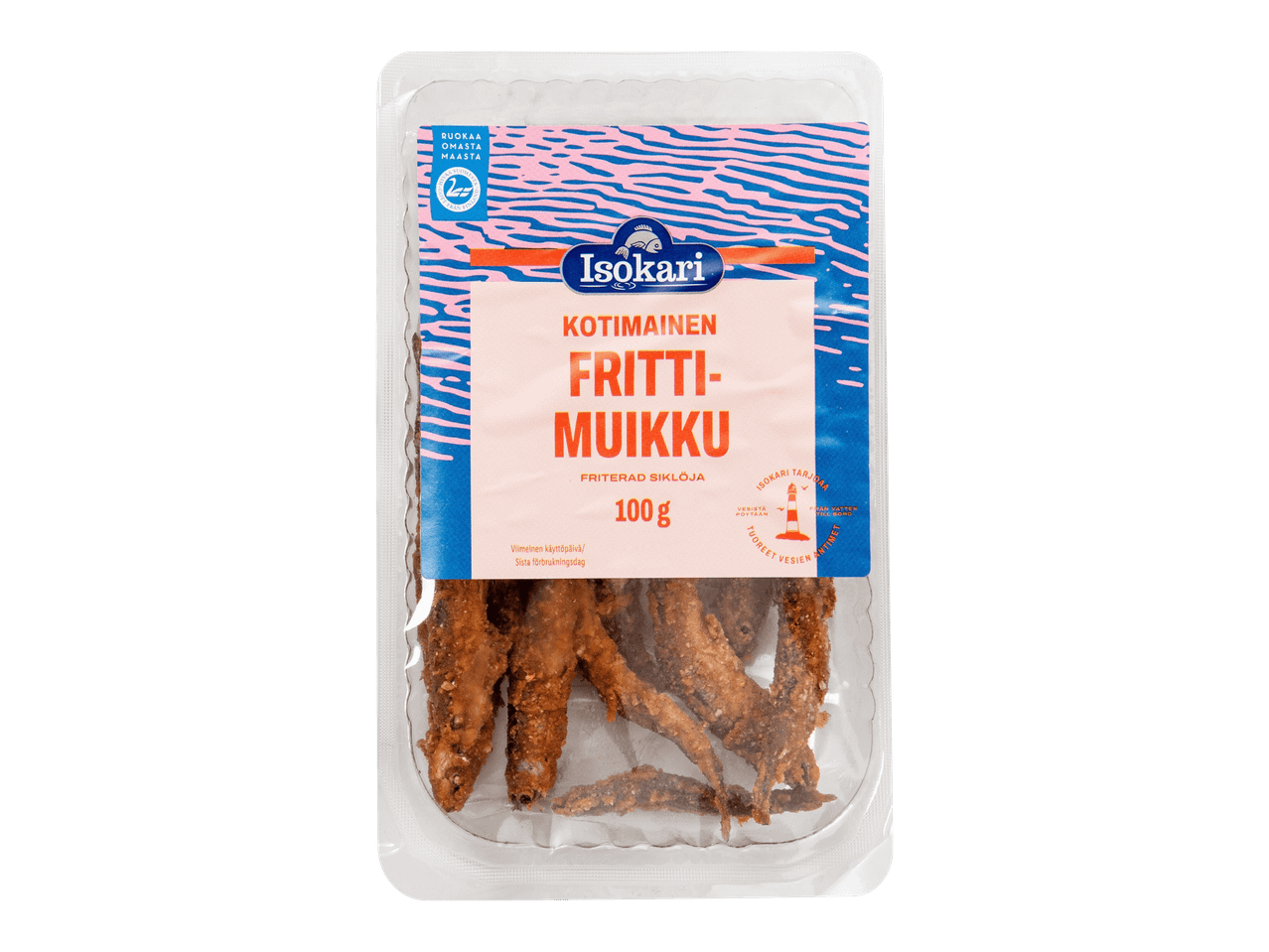 Pakkaus paistettuja muikkuja, 100 g, tekstillä 'Kotimainen fritti-muikku'.