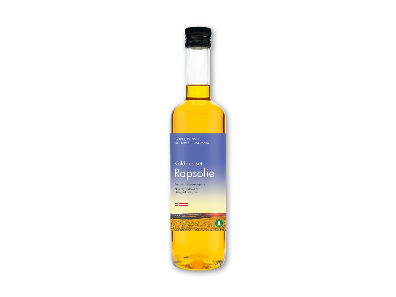 Flaske med koldpresset rapsolie, dyrket, presset og tappet i Danmark, 500 ml.