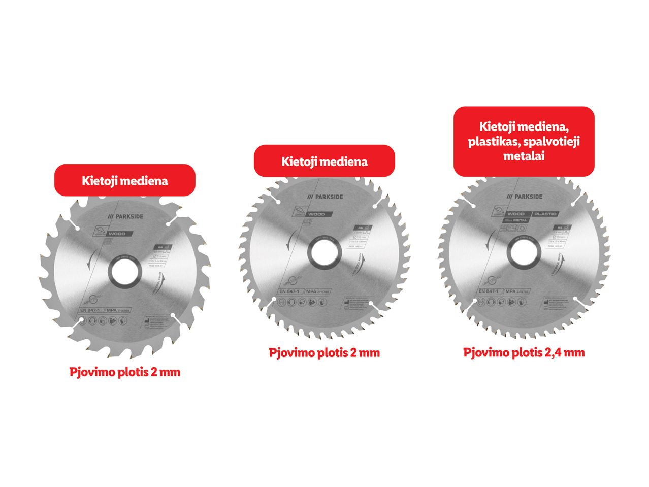 Trys skirtingo dydžio pjūklų diskai: 60 mm, 80 mm ir 100 mm.