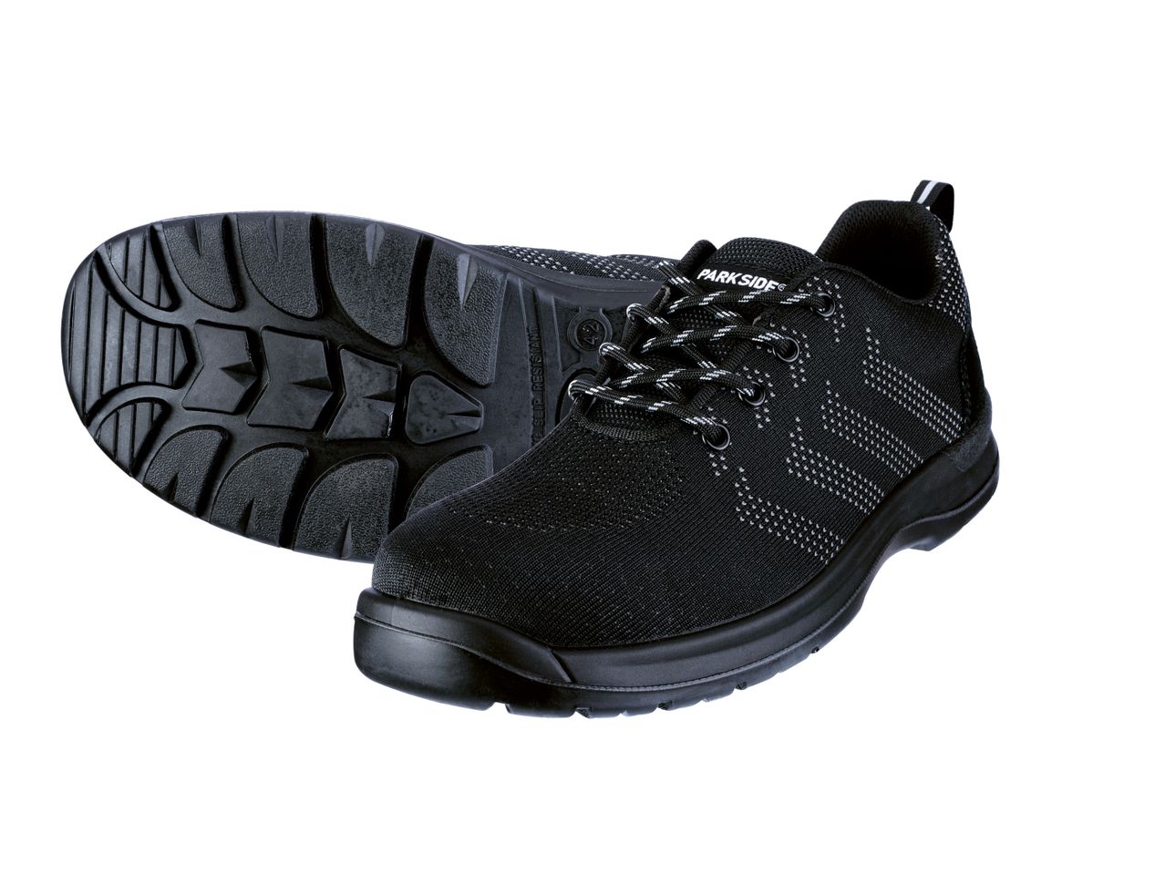 Scarpe antinfortunistiche nere Parkside con suola antiscivolo e lacci a fantasia.