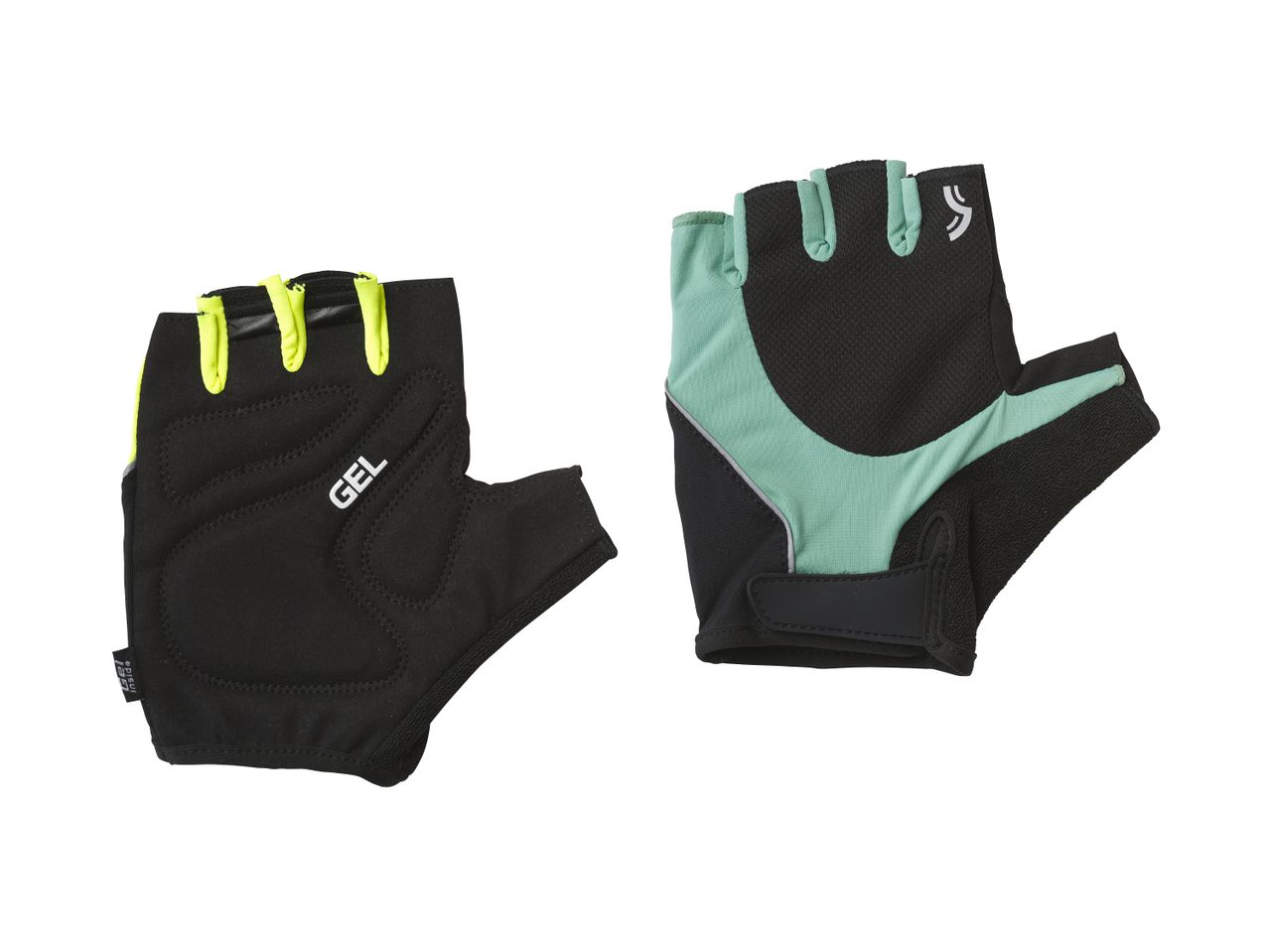 Zwei Paar Fahrradhandschuhe, einer schwarz mit gelben Akzenten, der andere schwarz-mint.