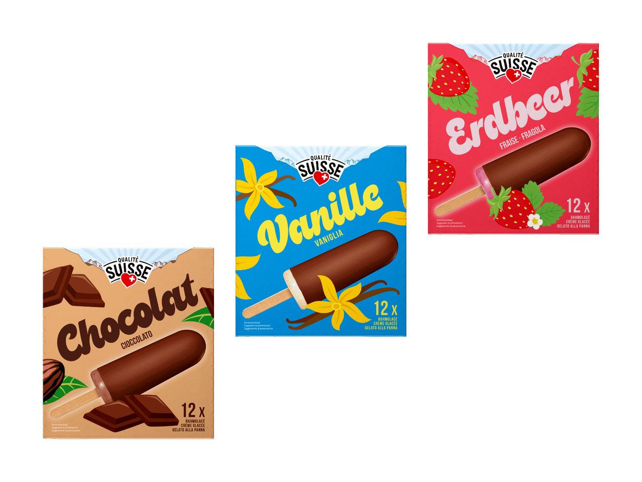 Trois boîtes de glaces à la vanille, au chocolat et à la fraise, chacune contenant 12 bâtonnets.